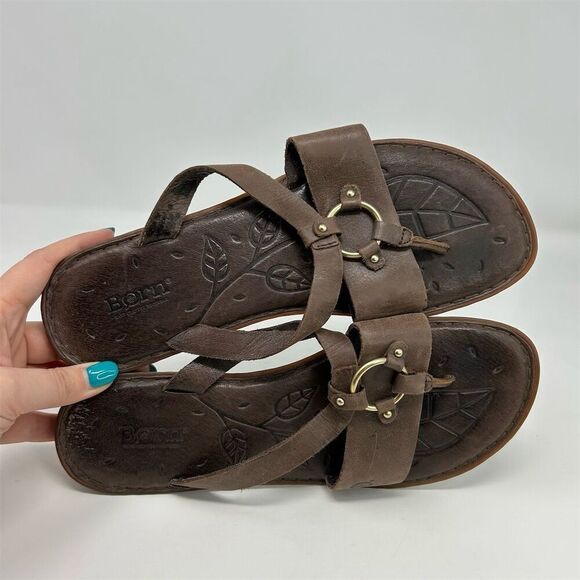 Born Women's Boho Brown Leather Slip-On Thong Sandals Size 10M with Harness Ring - Picture 10 of 13